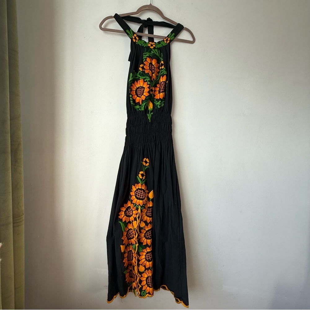 Vintage 70s Black Sunflower Embroidered Halter Midi Dress M
